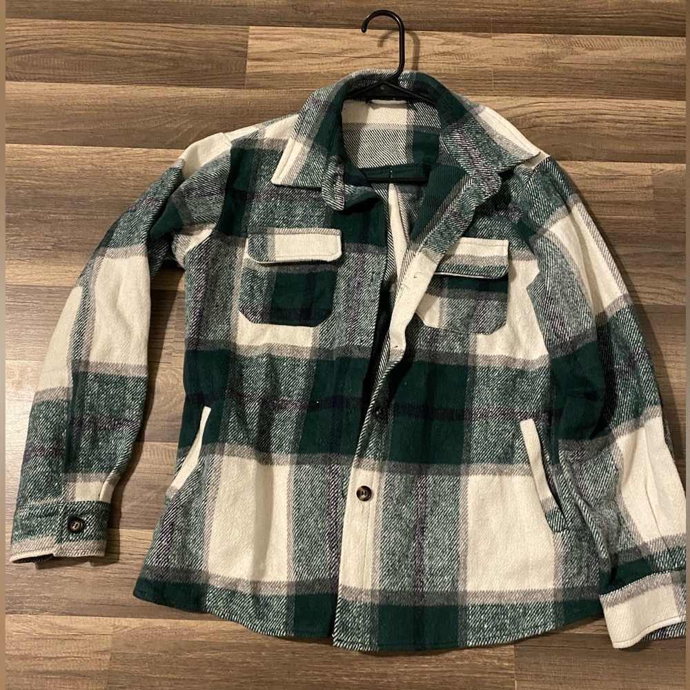 Plaid Women's Shacket in Green and white.